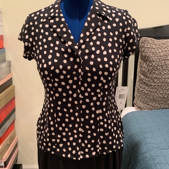 NWT Jones New York Black & Pink Polka Dot Silk Top - Picture 1 of 7